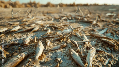 A desolate, dry landscape littered with dead fish, depicting the harsh realities of environmental degradation and water scarcity. photo