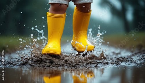 A joyful, close-up shot of a child wearing bright yellow rain boots, captured mid-jump as they splash