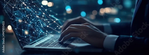 Computer technician upgrading hardware in data facility background server racks big data storage digital technology IT support telecommunication concept