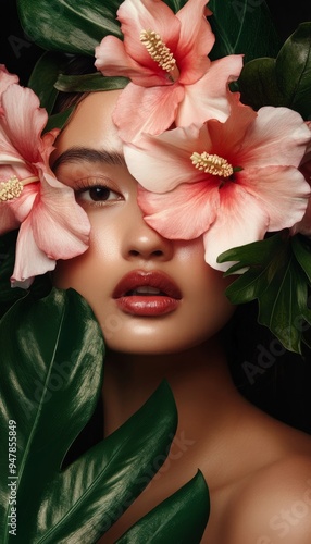 A woman adorned with pink hibiscus flowers in her hair stands against a lush green background, creating a tropical and natural look with leaf accents.