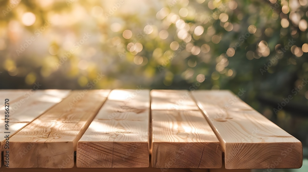 Empty Wooden Table in Summer Backyard, Wooden Table in Sunlit Summer Garden, Outdoor Wooden Table in Sunny Backyard Empty Wooden Table in Summer Backyard, Wooden Table in Sunlit Summer Garden, Outdoor Wooden Table in Sunny Backyard
