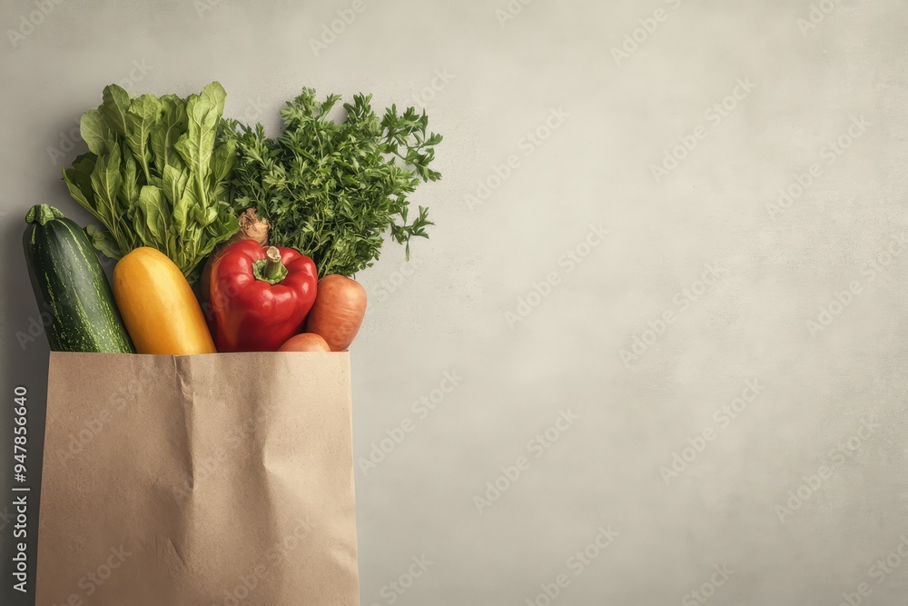 A paper bag filled with fresh vegetables, including zucchini, pepper, carrots, and herbs, set against a neutral background, emphasizing healthy and organic eating. A paper bag filled with fresh vegetables, including zucchini, pepper, carrots, and herbs, set against a neutral background, emphasizing healthy and organic eating.