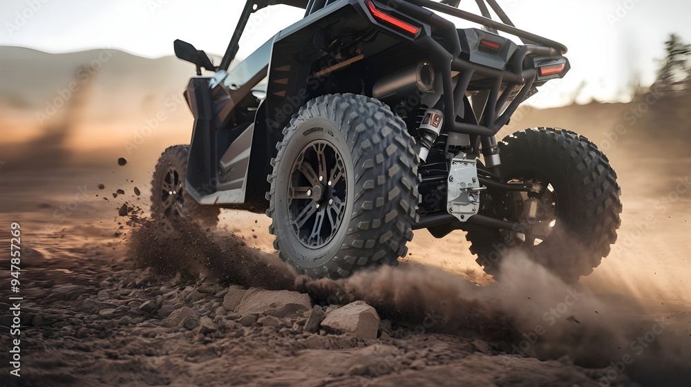 ATV Wheels Kicking Up Dust on Desert Offroad, Quad Bike Adventure in Desert Offroad Terrain, ATV Quad Bike Wheels in Action on Desert Trails ATV Wheels Kicking Up Dust on Desert Offroad, Quad Bike Adventure in Desert Offroad Terrain, ATV Quad Bike Wheels in Action on Desert Trails