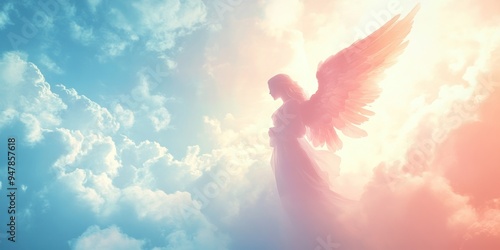 A serene angel background featuring soft, ethereal clouds and gentle, glowing light with a subtle silhouette of angel wings. photo