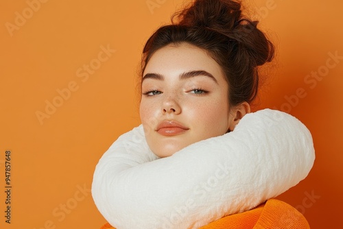 A model displaying a high-end travel pillow with a solid color backdrop, showcasing its ergonomic design and luxurious material photo