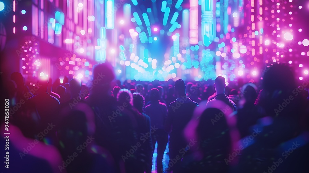 Crowd at a futuristic event, bokeh lights and neon visuals, rave atmosphere Crowd at a futuristic event, bokeh lights and neon visuals, rave atmosphere