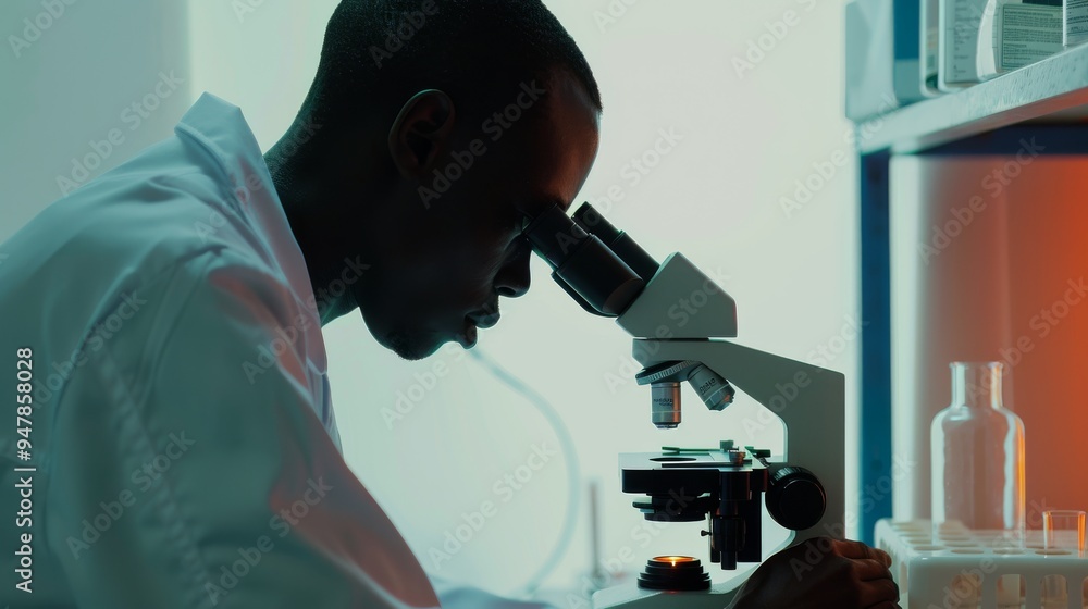 A scientist intensely examines a sample under a microscope in a lab, illuminated by blue and red lighting, depicting precision and focus. A scientist intensely examines a sample under a microscope in a lab, illuminated by blue and red lighting, depicting precision and focus.