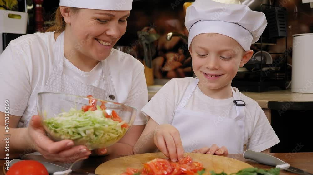 Mothers with children in aprons and chef's hats cook vegetable salad together at home in the kitchen. They put a sliced tomato in a bowl. Mothers with children in aprons and chef's hats cook vegetable salad together at home in the kitchen. They put a sliced tomato in a bowl.