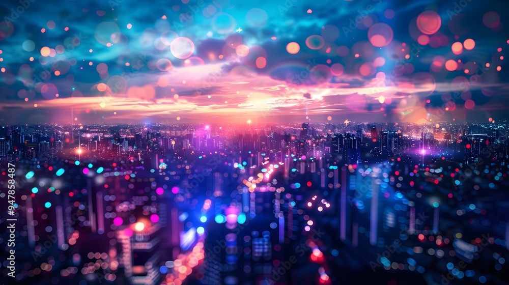 Fototapeta premium Magical Cityscape at Sunset with Bokeh Lights