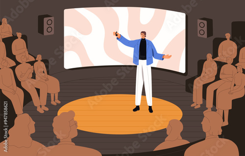 Speaker explain lecture in event. Man is on public performance, conference with speech for audience. Presenter speaking presentation to people. Lecturer in spotlight on stage. Flat vector illustration
