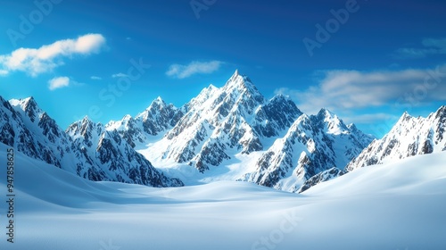 Breathtaking view of snowy mountains under a clear blue sky, showcasing majestic peaks and serene, untouched winter landscape.