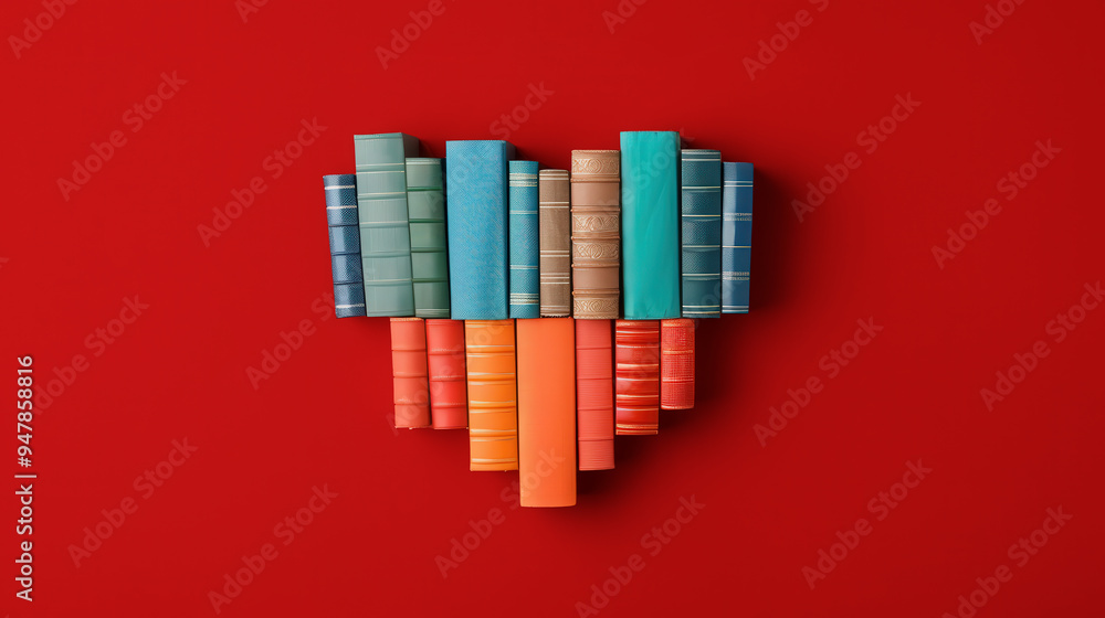 Heart-Shaped Book Arrangement, a vibrant flat design illustration showcasing books creatively positioned to form a heart, symbolizing love for reading and knowledge. Heart-Shaped Book Arrangement, a vibrant flat design illustration showcasing books creatively positioned to form a heart, symbolizing love for reading and knowledge.