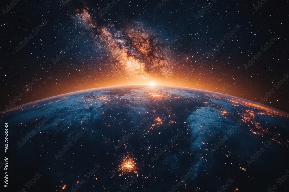 majestic milky way arching across night sky stars twinkling above silhouetted planet deep space vista with swirling cosmic dust and celestial wonders majestic milky way arching across night sky stars twinkling above silhouetted planet deep space vista with swirling cosmic dust and celestial wonders