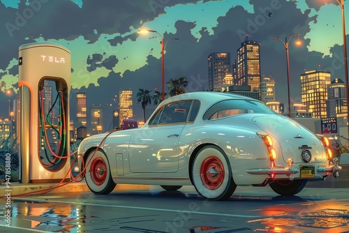 A nostalgic depiction of EV charging in a retro-futuristic setting. photo