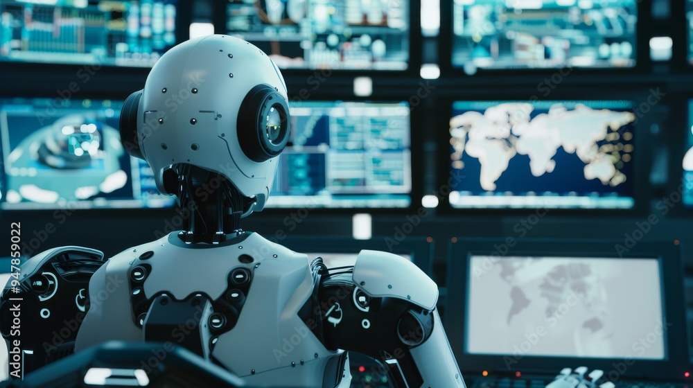 A futuristic robot operates a computer in a high-tech control room, with multiple screens displaying complex data and maps, signifying advanced technology. A futuristic robot operates a computer in a high-tech control room, with multiple screens displaying complex data and maps, signifying advanced technology.