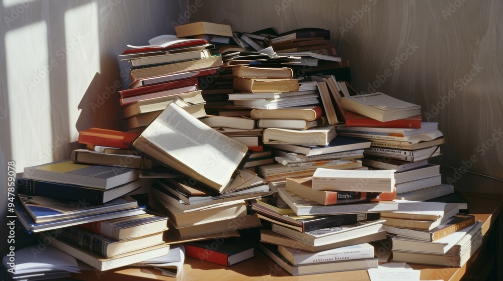 A chaotic pile of books sprawled across the floor, flooded with natural sunlight, embodying an unorganized treasure trove of knowledge. A chaotic pile of books sprawled across the floor, flooded with natural sunlight, embodying an unorganized treasure trove of knowledge.