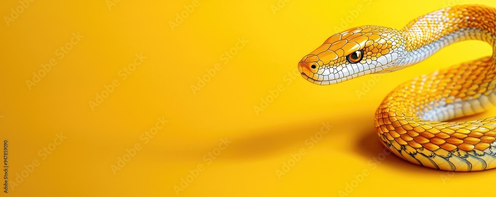 Close-up of a vibrant yellow snake against a yellow background, showcasing its scales and intense gaze in a striking composition. Close-up of a vibrant yellow snake against a yellow background, showcasing its scales and intense gaze in a striking composition.