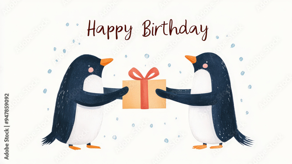 Obraz premium A pair of cute penguins exchanging gifts, with a wintery background and 