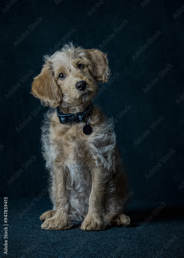 Adorable labradoodle puppy, wearing collar sitting in studio Adorable labradoodle puppy, wearing collar sitting in studio