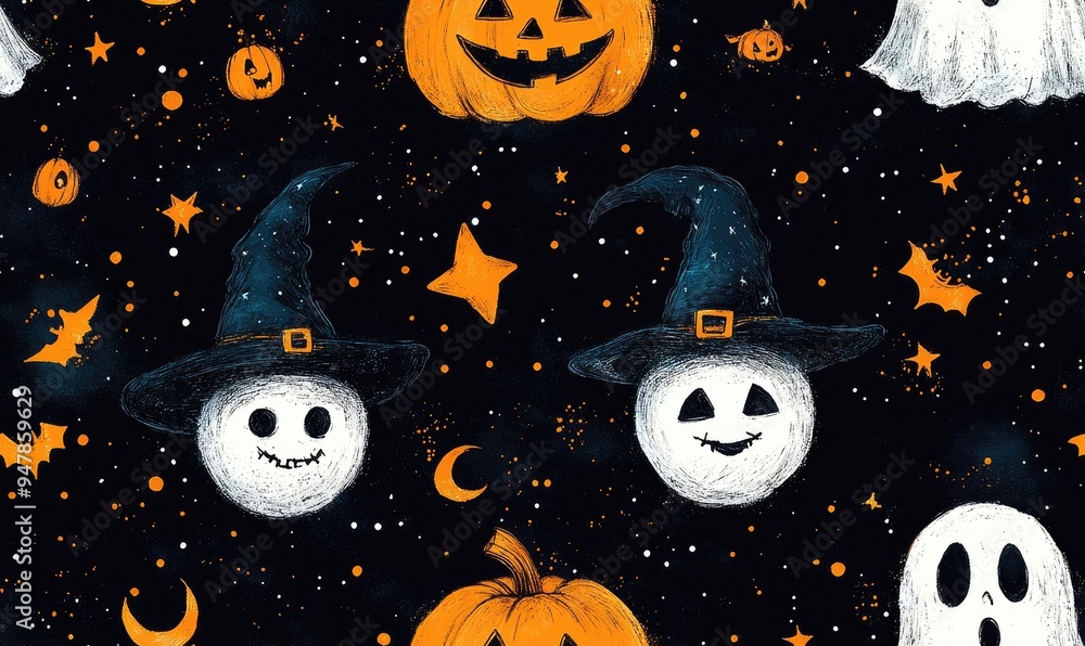 Fototapeta premium Colorful Halloween-themed pattern with pumpkins, ghosts, and stars. Perfect for festive backgrounds and decorations.