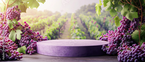 Beautiful vineyard backdrop with purple grapes, ideal for wine-related projects and advertising campaigns, conveying richness and elegance. photo