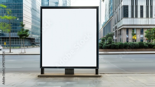 Urban Billboard in Modern Cityscape, an empty roadside billboard set against sleek skyscrapers and contemporary architecture, highlighting urban advertising potential amidst city life