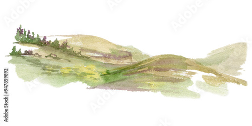 Scenery landscape rolling hills with flowers, meadow field moorland prairie ground. Single isolated element, watercolor hand drawn for tourism, resort ads, hiking camping sites vacation, nature maps.