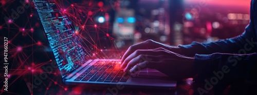 Network specialist analyzing bandwidth in server room background data center storage digital technology database optimization IT infrastructure concept