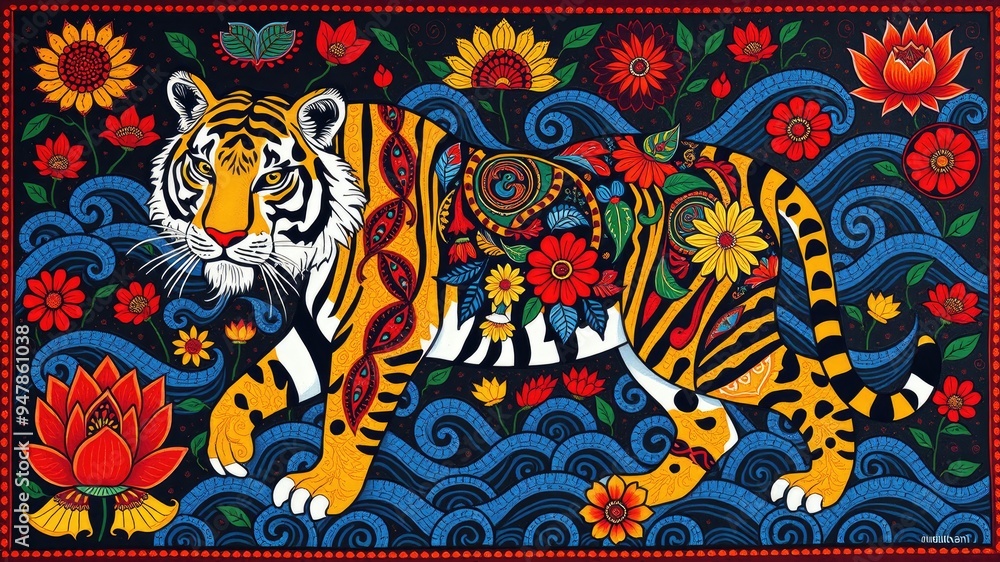Obraz premium Pattern with tiger, Abstract painting, tiger pattern, flower ornament pattern.seamless pattern with tiger, and flowers