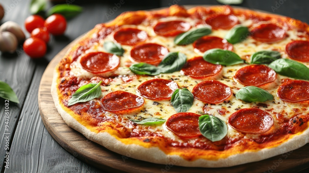 Pepperoni Pizza on Wooden Cutting Board Pepperoni Pizza on Wooden Cutting Board