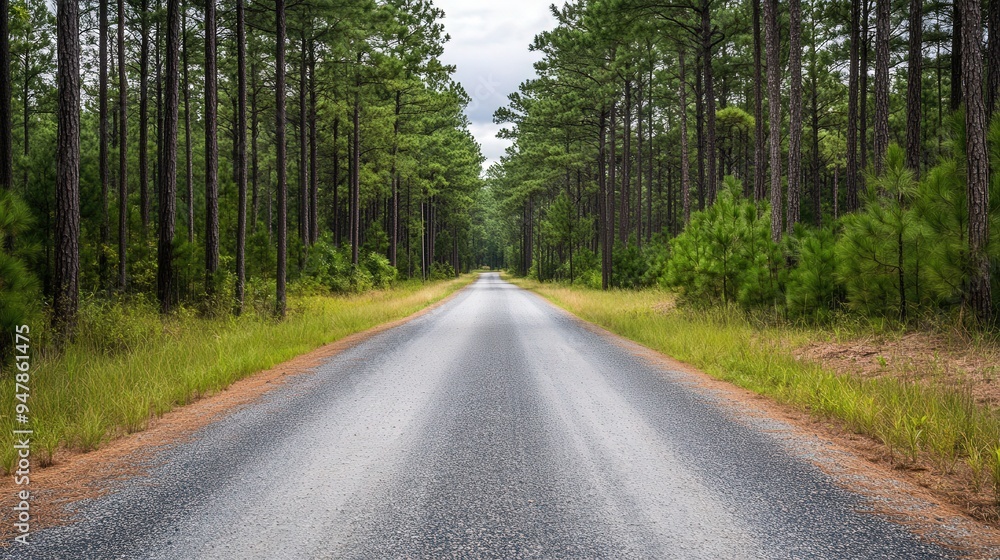 Gravel road meandering through a serene pine forest, enveloped in rustic charm, inviting exploration and tranquility amidst nature's embrace Gravel road meandering through a serene pine forest, enveloped in rustic charm, inviting exploration and tranquility amidst nature's embrace