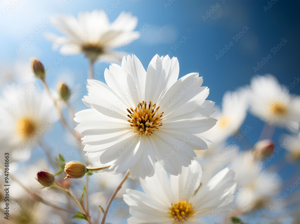 white spring flowers close up against blue sky with sunlight white spring flowers close up against blue sky with sunlight