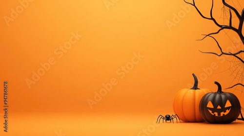 Minimalist Halloween background with pumpkins, spider, and tree branches on orange backdrop, perfect for festive autumn designs