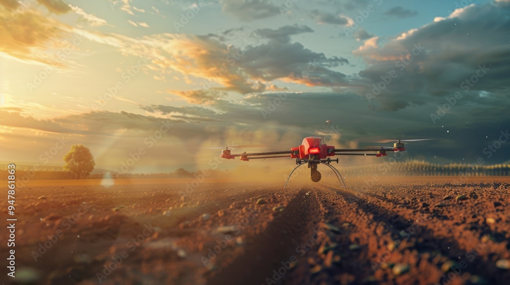 Fototapeta premium Drone Seeding Futuristic Technology Enhances Agriculture with Dramatic Skyline