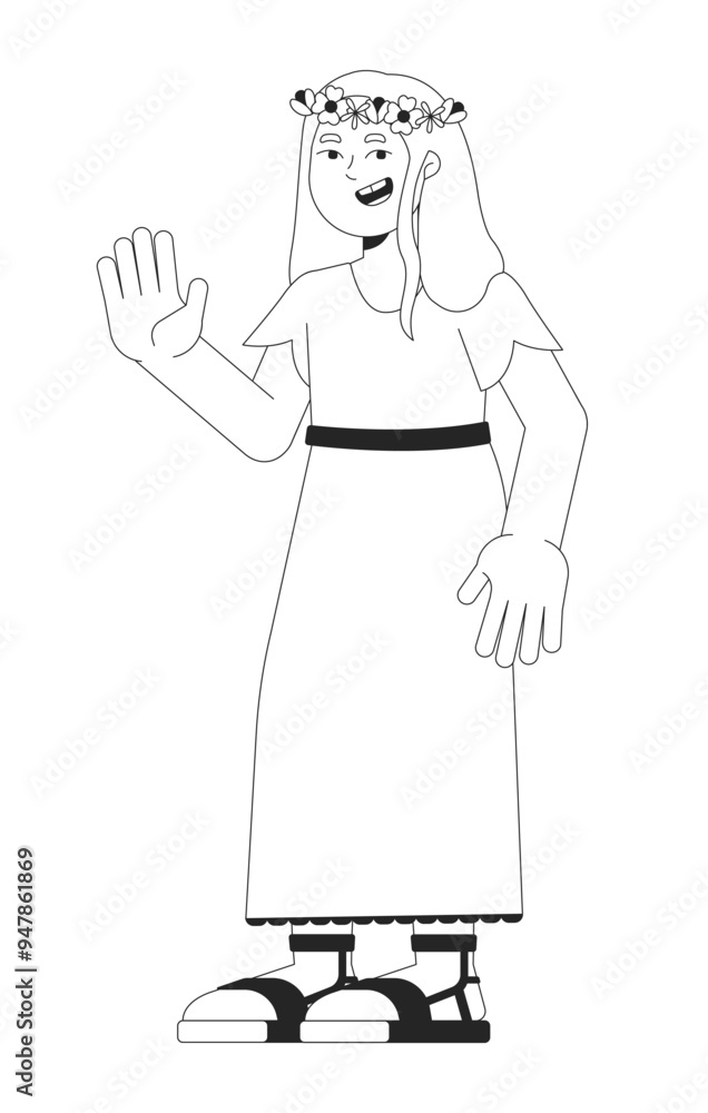 Waving pre-teen girl caucasian in white dress black and white 2D line character. Performing kid. Floral head wreath theatre girl isolated vector outline person. Monochromatic spot illustration Waving pre-teen girl caucasian in white dress black and white 2D line character. Performing kid. Floral head wreath theatre girl isolated vector outline person. Monochromatic spot illustration