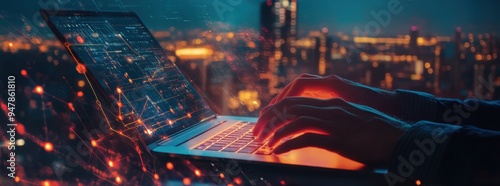 Computer scientist testing algorithms in data facility server racks digital technology IT support telecommunication network infrastructure management concept