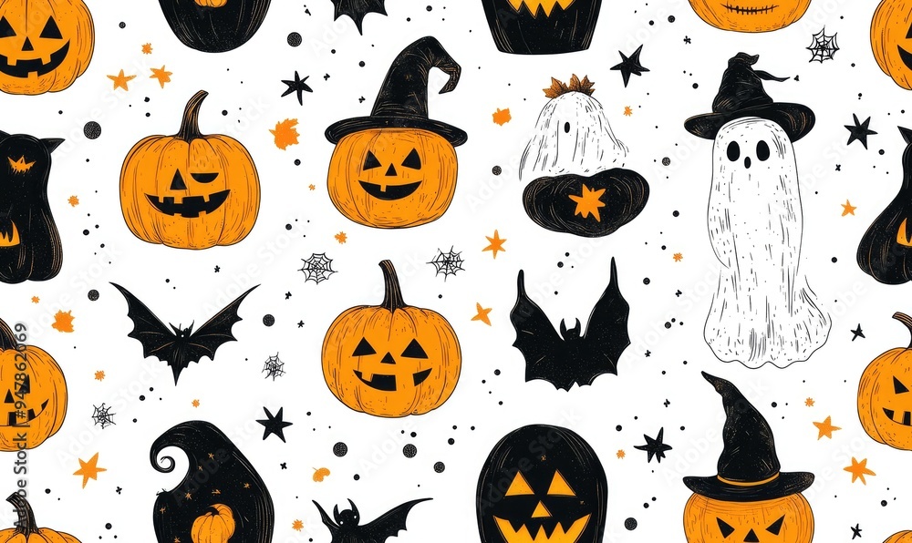 Seamless Halloween pattern with ghosts, pumpkins, bats, and stars. Perfect for festive decorations, wallpapers, and holiday themed designs. Seamless Halloween pattern with ghosts, pumpkins, bats, and stars. Perfect for festive decorations, wallpapers, and holiday themed designs.