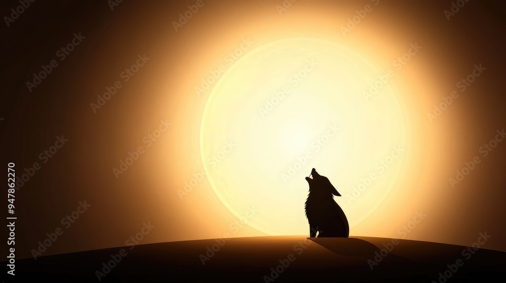 Silhouette of a wolf howling at the giant bright sun, set against a glowing sky in a desert landscape at dusk or dawn. Silhouette of a wolf howling at the giant bright sun, set against a glowing sky in a desert landscape at dusk or dawn.