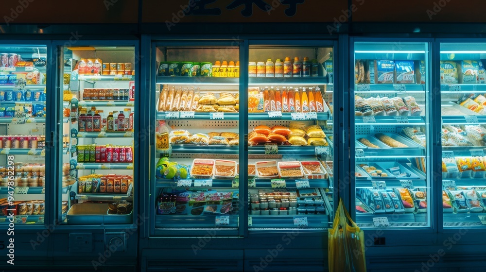 A brightly lit refrigerator display showcases a variety of chilled food and beverages in an organized, grocery store setting. A brightly lit refrigerator display showcases a variety of chilled food and beverages in an organized, grocery store setting.