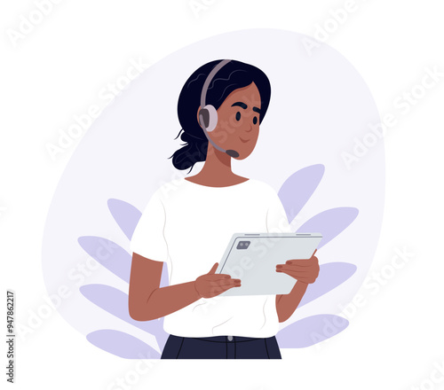 Customer service. A woman with a crm headset is holding a tablet. Customer service, telemarketing and call center. Vector illustration in flat style