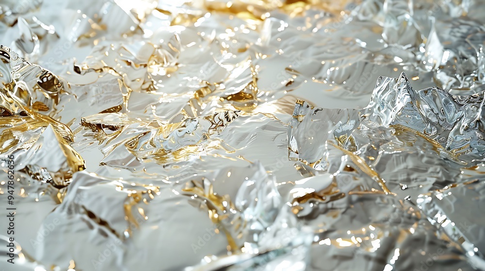 Crushed glasses on a silver surface highlighted by gold