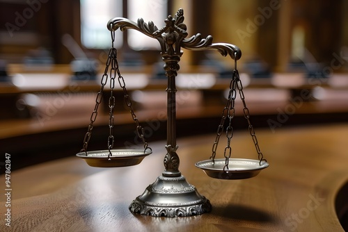 Symbol of Justice: A Close-Up of a Traditional Balance Scale in a Courtroom Setting