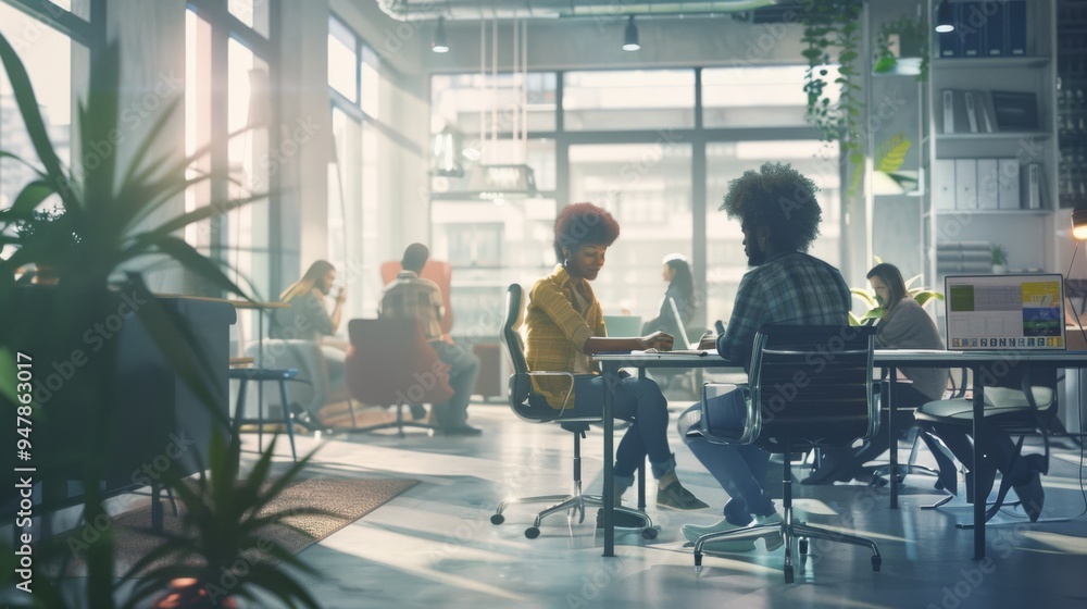 A modern, sun-soaked office filled with plants and collaborative workspaces buzzing with activity and creativity. A modern, sun-soaked office filled with plants and collaborative workspaces buzzing with activity and creativity.
