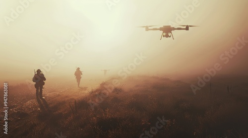 Silhouettes of soldiers and a drone navigate through a foggy landscape at dawn, creating a scene of technological warfare shrouded in mystery.
