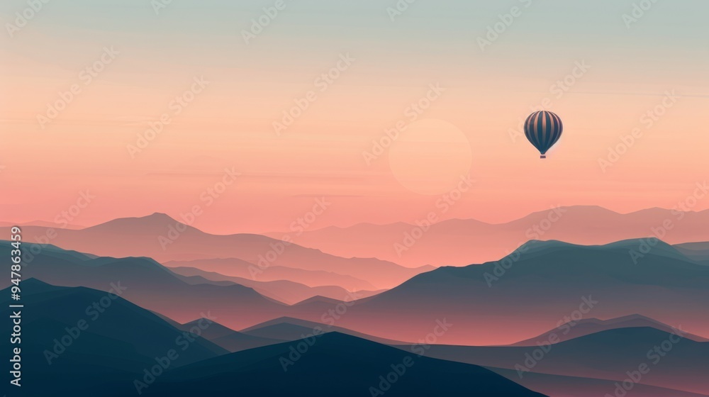 A hot air balloon floats over a vast, serene landscape of pastel-colored mountains at sunrise, highlighting the tranquility and beauty of nature. A hot air balloon floats over a vast, serene landscape of pastel-colored mountains at sunrise, highlighting the tranquility and beauty of nature.