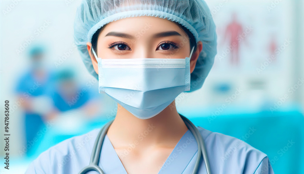 Close-up of a female surgeon wearing a surgical mask and cap, representing professionalism and dedication in a medical setting Close-up of a female surgeon wearing a surgical mask and cap, representing professionalism and dedication in a medical setting
