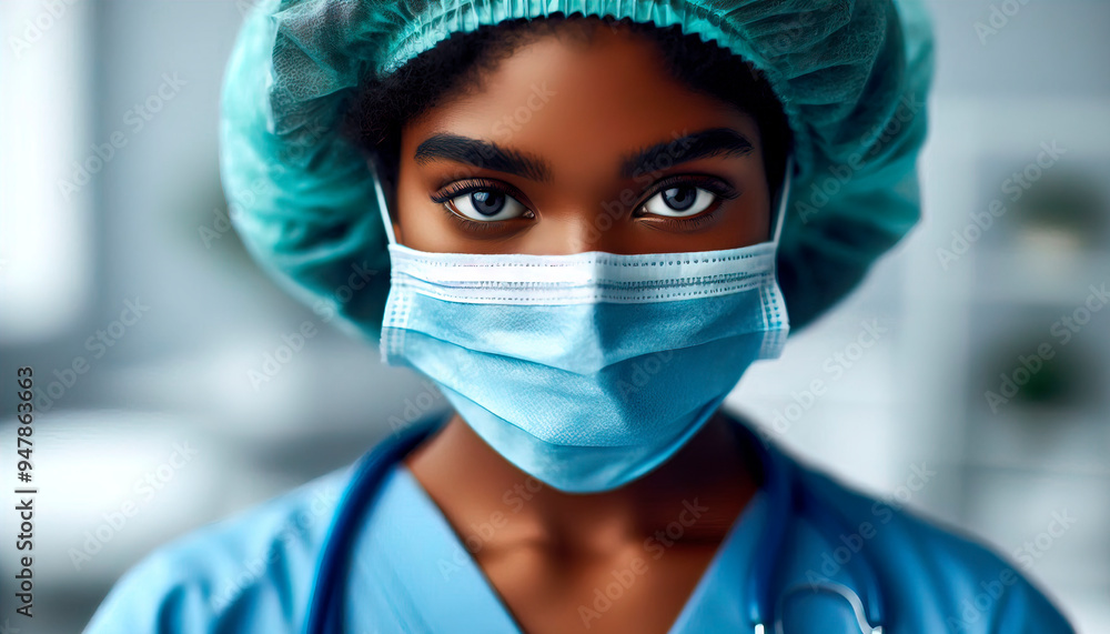 Close-up of a female surgeon wearing a surgical mask and cap, representing professionalism and dedication in a medical setting Close-up of a female surgeon wearing a surgical mask and cap, representing professionalism and dedication in a medical setting