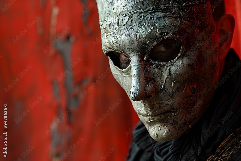 Mysterious Figure in a Distressed Mask Against a Bold Red Background Mysterious Figure in a Distressed Mask Against a Bold Red Background