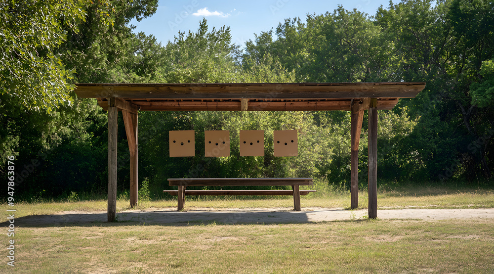 Simple Modern Wooden Shooting Range with Four Target Stands, Showcasing a Clean and Organized Design, Ideal for Representing Themes of Recreation, Precision, and Safety in a Controlled and Minimalist Simple Modern Wooden Shooting Range with Four Target Stands, Showcasing a Clean and Organized Design, Ideal for Representing Themes of Recreation, Precision, and Safety in a Controlled and Minimalist