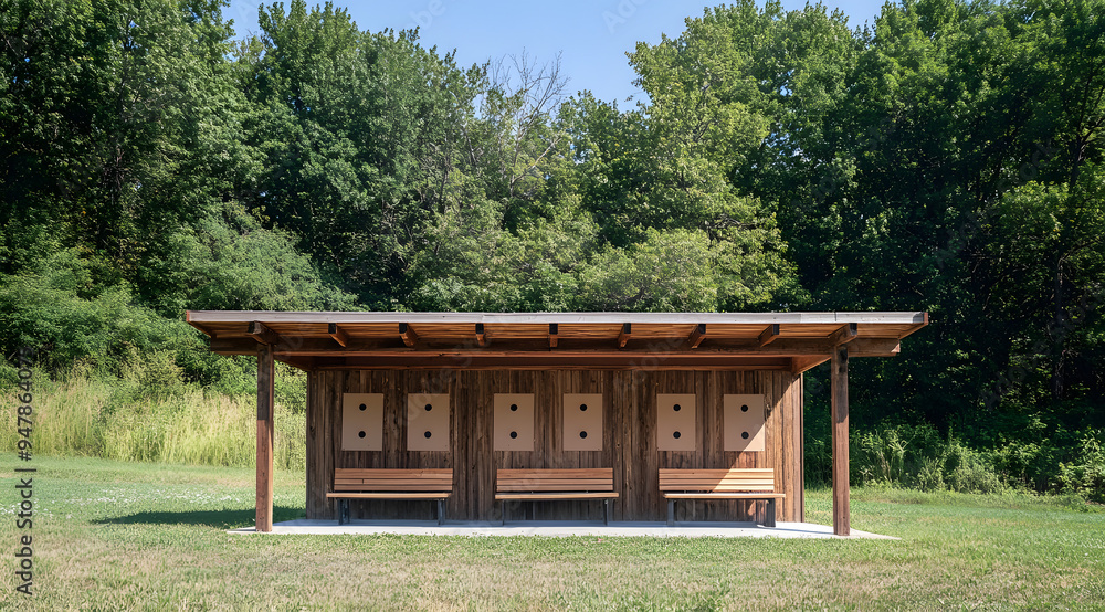 Simple Modern Wooden Shooting Range with Four Target Stands, Showcasing a Clean and Organized Design, Ideal for Representing Themes of Recreation, Precision, and Safety in a Controlled and Minimalist Simple Modern Wooden Shooting Range with Four Target Stands, Showcasing a Clean and Organized Design, Ideal for Representing Themes of Recreation, Precision, and Safety in a Controlled and Minimalist
